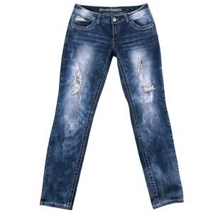 Almost Famous Distressed‎ Jeans Womens Juniors Size 11 Low Rise Skinny Med Wash